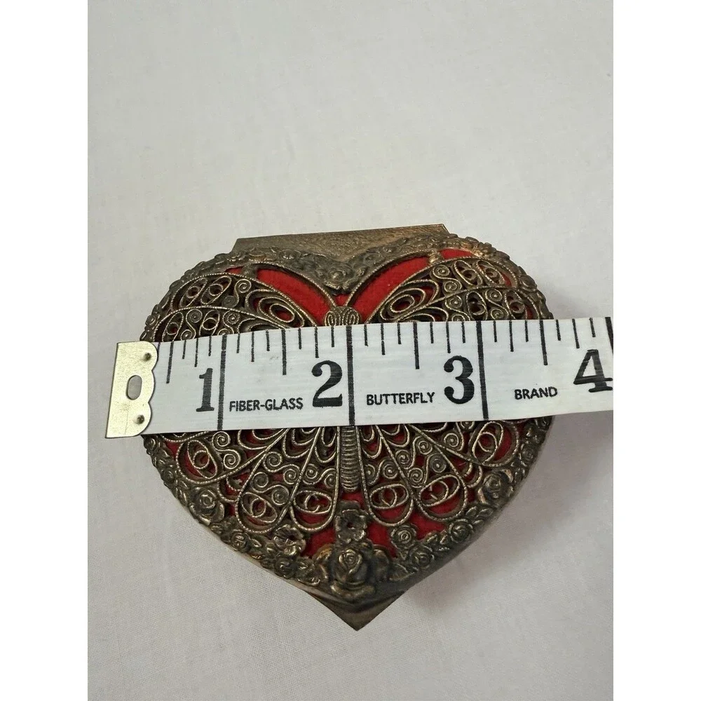 Vintage Gold Tone Filigree Butterfly Heart Trinket Box Red Velvet Cottagecore